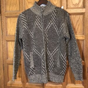 Geometric Design Knit Cardigan Sweater Men's XL Full Zip Plaid Fleece Lined Zip
